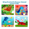 Colorful textured animal and dinosaur-themed sticker art scenes for kids ages 3-7