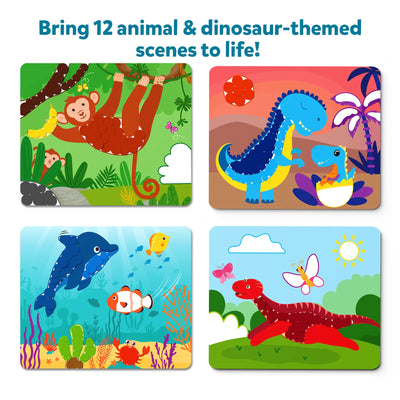 Colorful textured animal and dinosaur-themed sticker art scenes for kids ages 3-7