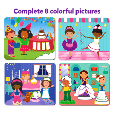 Colorful children’s puzzle set with four scenes and characters from Dot it! Dress up game