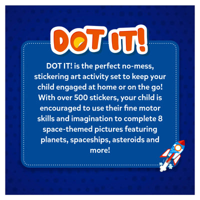Blue-bordered space-themed sticker activity set for kids ages 3-7 in Dot it! Outer Space