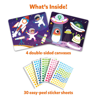 Space-themed sticker art kit with four double-sided canvases and colorful dot stickers for kids