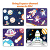 Four space-themed activity cards with planets rockets astronauts and aliens for kids ages 3-7