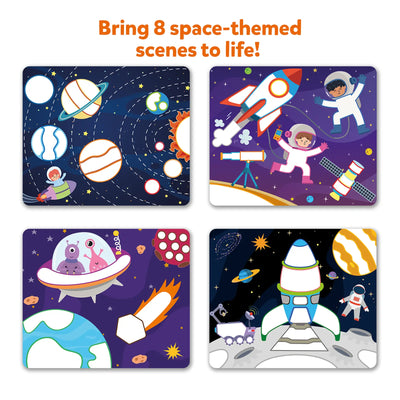 Four space-themed activity cards with planets rockets astronauts and aliens for kids ages 3-7