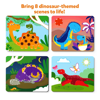 Four square dinosaur-themed art boards from Dot it! World of Dinosaurs sticker art for kids