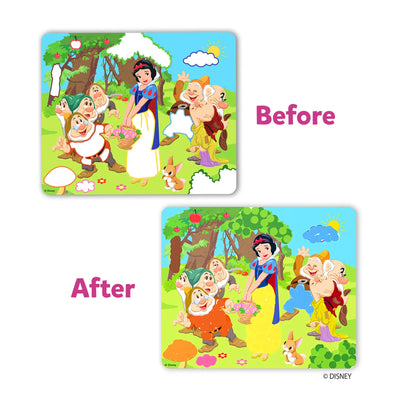 Before and after of Snow White and the Seven Dwarfs puzzle from Dot it Disney Princesses collection