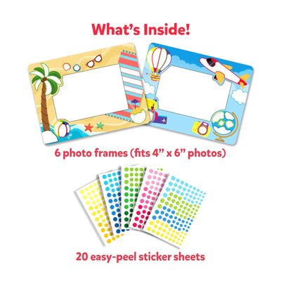 Children’s craft kit with six themed photo frames and colorful peel-and-stick stickers