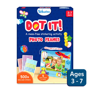 Children’s activity kit for creating photo frames with over 500 easy-peel stickers in Dot it! No Mess Sticker Art