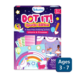 Dot It Sparkle Edition Unicorns and Princesses activity kit with sparkly stickers and canvases