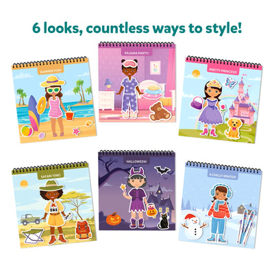 Set of six spiral-bound Peelies Dress Up reusable sticker books with themed outfits and accessories