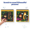 Two-page jungle animal scratch art book with hand revealing colorful design for kids