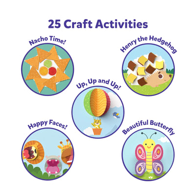 Graphic showing five craft activities for children in the Foil and Snip Creative Kit