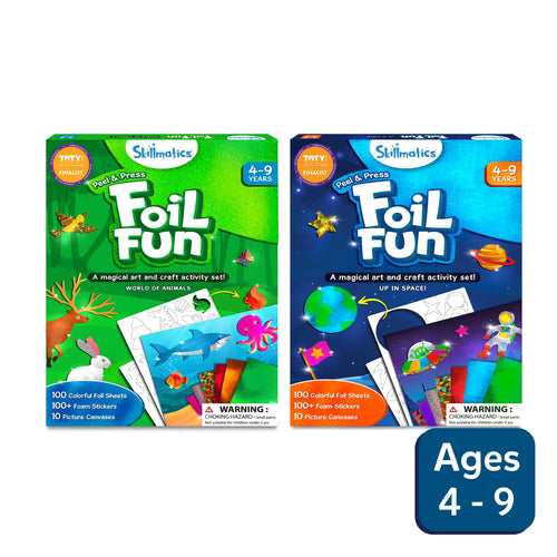 Two Foil Fun craft sets featuring World of Animals and Up in Space for ages 4-9