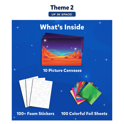 Space-themed craft kit with canvases foam stickers and foil sheets for kids ages 4-9