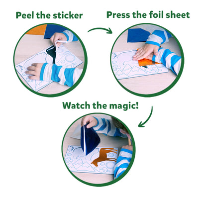 Three-step guide for children’s foil art activity from Wild & Winged Animal Bundle for ages 4-9