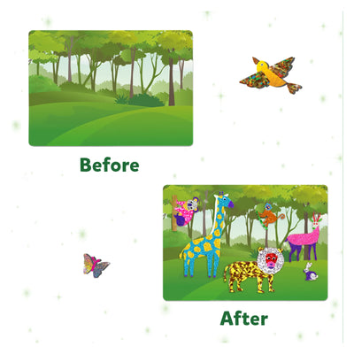 Before and after of adding colorful patterned animal figures to a Forest scene in Wild & Winged Animal Bundle