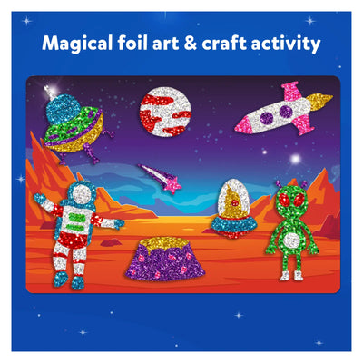 Glittery foil space-themed art stickers with aliens, astronauts, rockets, and planets
