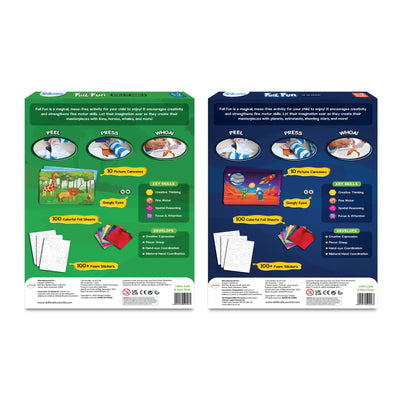 Children’s craft kits with animal and space themes, colorful foil sheets, stickers, and googly eyes