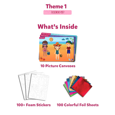 Children’s dress-up craft kit with picture canvases foam stickers and colorful foil sheets