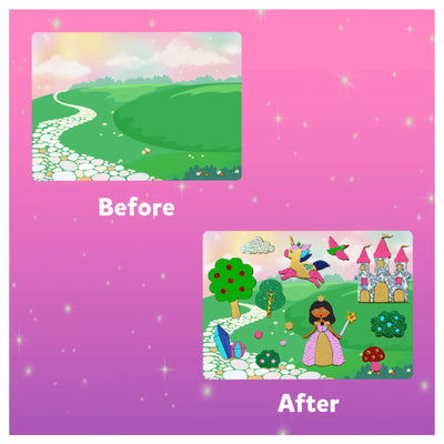Side-by-side landscape comparison before and after adding fantasy elements with Sparkle & Shine Combo Art Kit