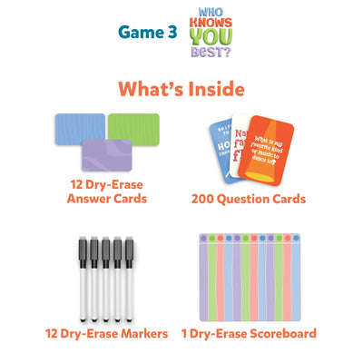 Family Game Night Bundle with dry-erase answer cards, markers, scoreboard, and question cards