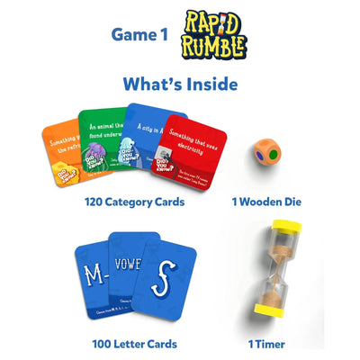 Components of Rapid Rumble board game with cards die and timer in Family Game Night Bundle