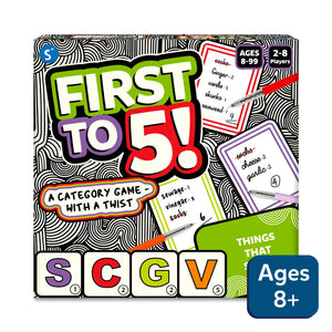 Board game for 2-8 players aged 8+ titled First to 5 with a fun category twist