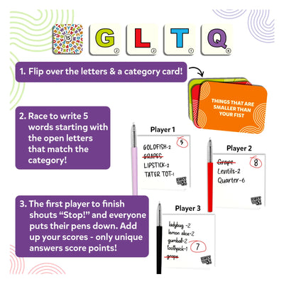 Instructions for playing First to 5, a quick word-based category game for ages 8+