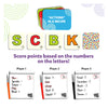 Three players enjoy First to 5 cooking action cards letter tiles and scorecards