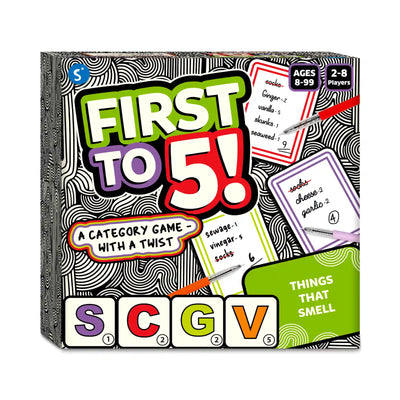 Boxed category game First to 5 for 2-8 players ages 8 and up with a fun twist