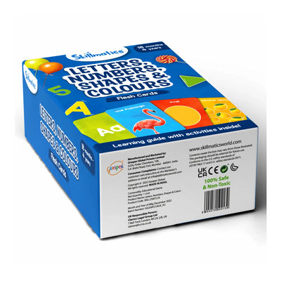 Blue box of educational flash cards for children featuring letters, numbers, shapes, and colors