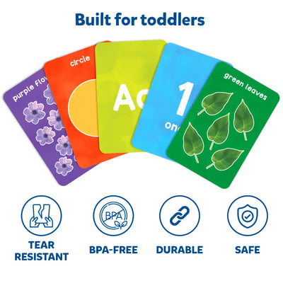 Colorful educational flashcards for toddlers featuring letters numbers shapes and colors