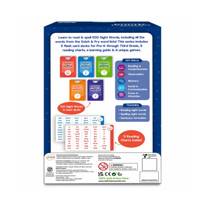 Back of a Flash Cards Sight Words set box for learning sight words for ages 4-9