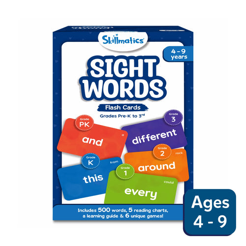 Sight Words flash cards for children ages 4-9 with 500 words, learning guide, and games