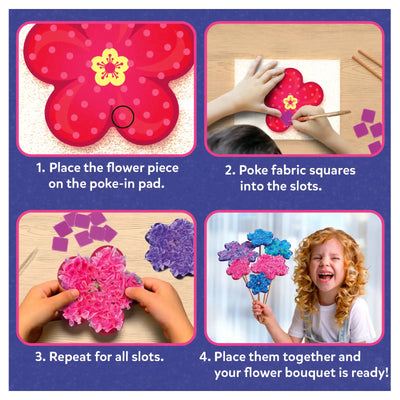Step-by-step instructions for creating a fabric flower bouquet craft for kids ages 4-9