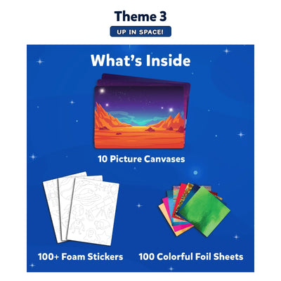 Art kit with space-themed canvases foam stickers and colorful foil sheets for kids ages 4-9