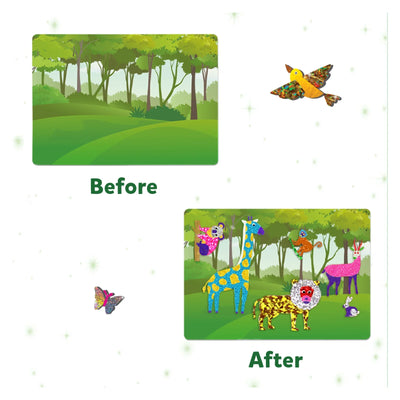 Before-and-after forest scene with colorful textured animal figures from Foil-tastic Fun Bundle