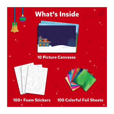 Holiday-themed craft kit with picture canvases foam stickers and colorful foil sheets