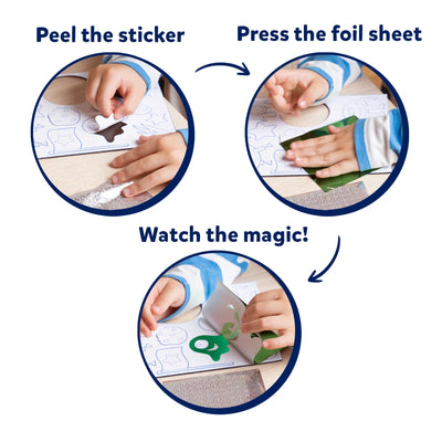 Children’s craft activity with stickers and foil sheets from Cosmic Dino Delights Bundle