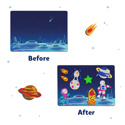 DIY space-themed craft kit with stickers and background board for cosmic scene creation