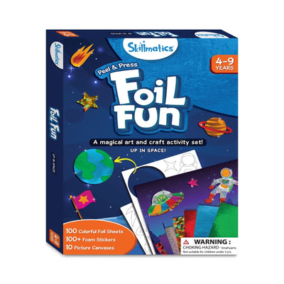 Child’s Foil Fun art kit with space-themed canvases, colorful foil sheets, and foam stickers