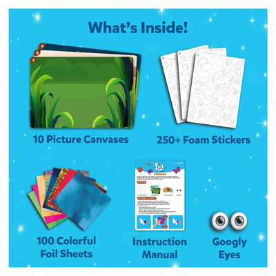 Craft kit with picture canvases foam stickers foil sheets instruction manual and googly eyes
