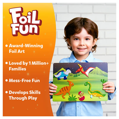 Young boy holding Dinosaur-themed Foil Art Kit from Foil Fun World Of Dinosaurs