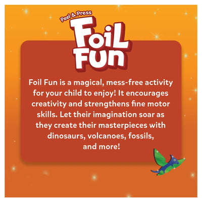 Colorful children’s activity description for Foil Fun World Of Dinosaurs No Mess Art Kit