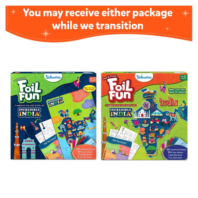 Two versions of Foil Fun Incredible India art and craft kit with changing packaging design