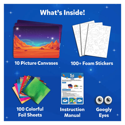 Children’s space-themed art kit with canvases foam stickers foil sheets and googly eyes