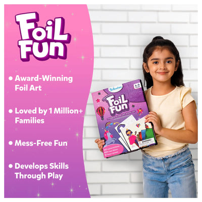 Young girl holding Foil Fun art kit with unicorn and hot air balloon designs