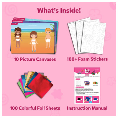 Children’s foil art craft kit with foam stickers and picture canvases for ages 4-9