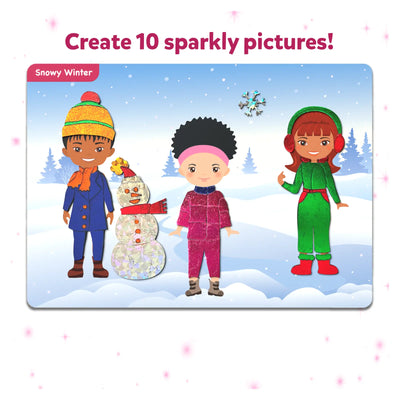 Sparkly winter-themed sticker activity kit with cartoon children and a snowman for ages 4-9