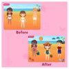 Beach-themed paper doll characters before and after dressing with swimwear and accessories