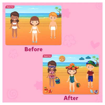 Beach-themed paper doll characters before and after dressing with swimwear and accessories